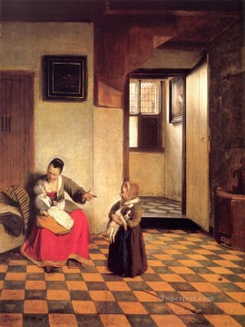  Hooch Art - A Woman with a Baby in Her Lap and a Small Child genre Pieter de Hooch